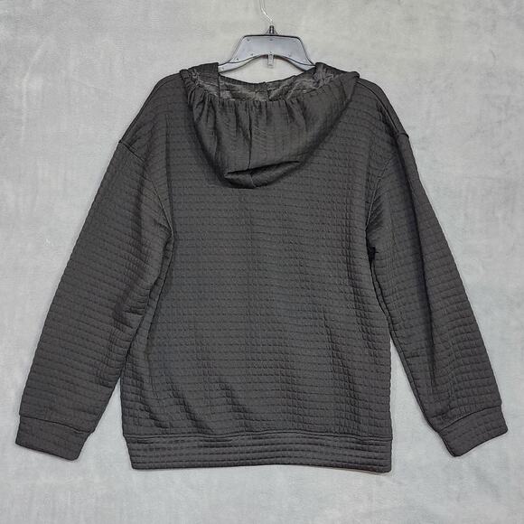 Quilted Knit Hooded Sweatshirt Hoodie Jacket Zip Up Long Sleeve Black Large - Picture 2 of 5